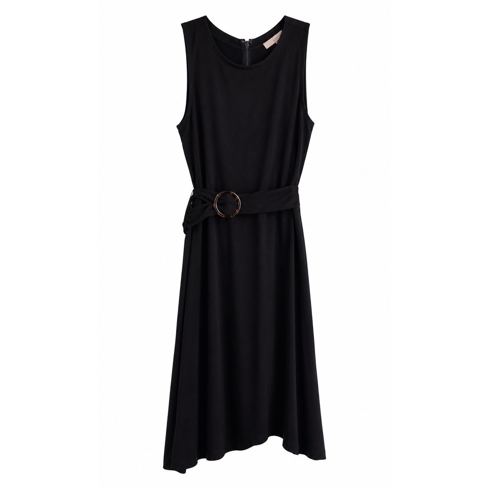 LOFT Black Belted A-Line Midi Dress 8 Sleeveless Tortoise Buckle Stretch Knit